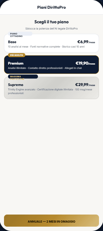 Schermata dei piani di abbonamento