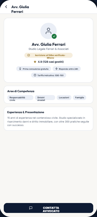 Profilo pubblico di un avvocato nell'app