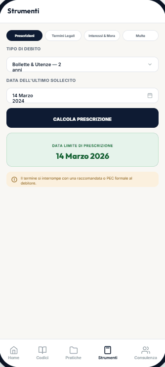 Schermata degli strumenti legali dell'app